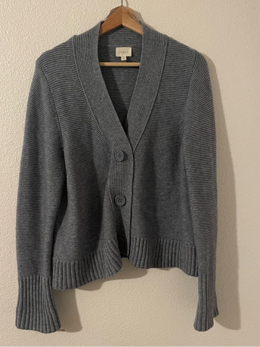 CYRUS Women's Blue/Gray Knit Cardigan Button Front Shawl Collar Sweater Size LG